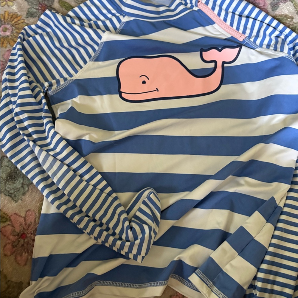 Vineyard Vines Blue and White Kids Rashguard with Pink Whale